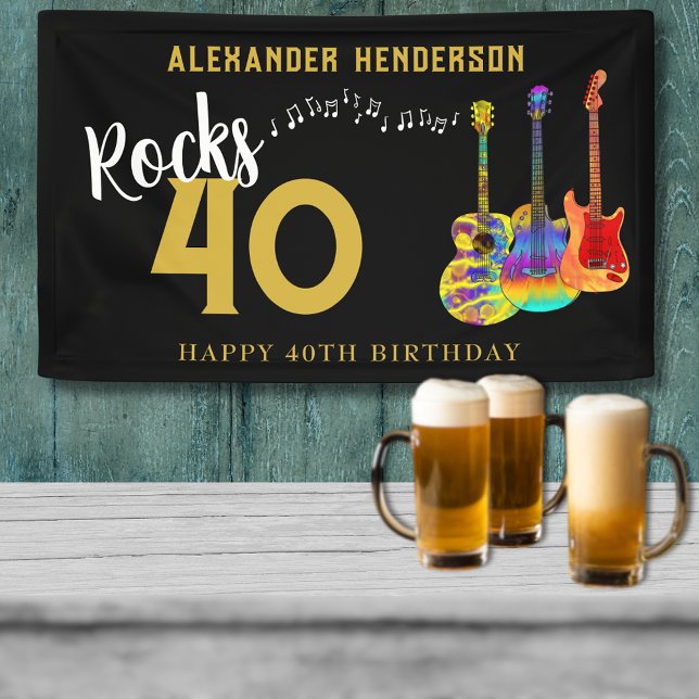 Lona 40.º Fiesta de cumpleaños Guitars Music Rocks 40 (Custom rocks 40 black and gold 40th birthday party banner rock and roll guitar illustration )