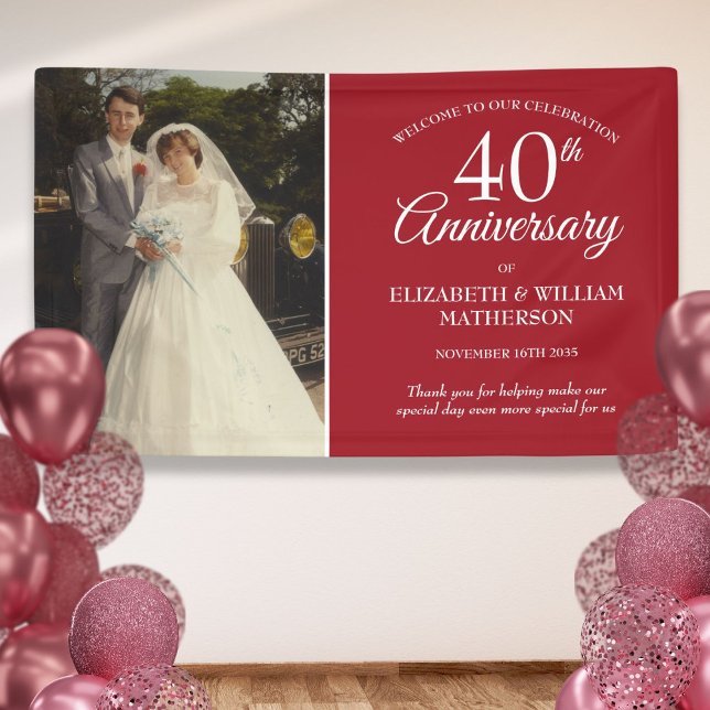Lona 40° aniversario de la bienvenida a tu Boda foto de (40th Wedding Anniversary Photo Ruby Welcome Banner)