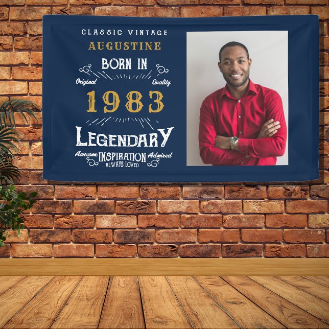 Lona 40 cumpleaños Nacido en 1983 Leyenda Blue Gold Pho (Celebrate that special birthday with the ultimate banner. Personalized with name, year and photo.)