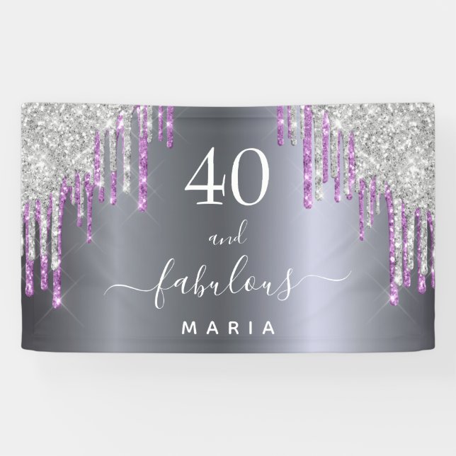 Lona 40 fabuloso cumpleaños plata purpurina púrpura gla (Horizontal)