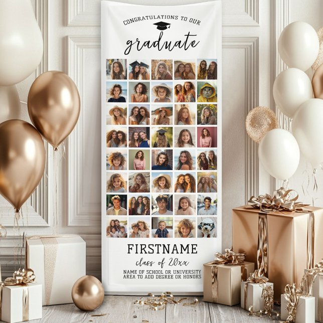 Lona 40 Graduación de Collage de fotos Blanco Mínimo Mo (Custom Graduation Banner - Great for a backdrop or Grad Party Decoration)