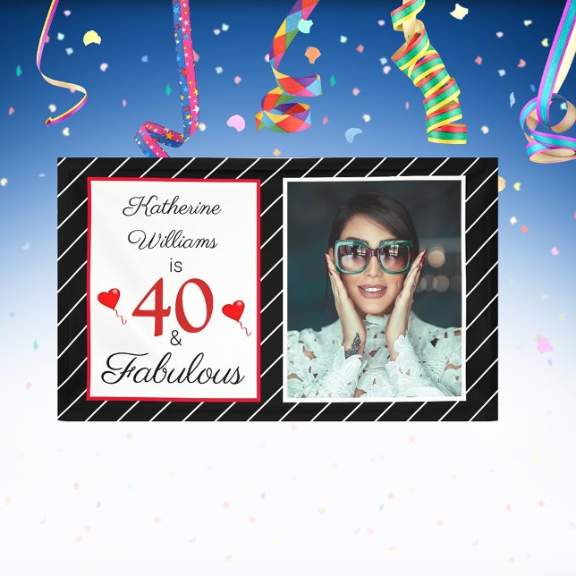 Lona 40 y fabulosa foto de cumpleaños 40 Black White 3x (40 & Fabulous 40th Birthday Photo Black White 3x5 Banner)