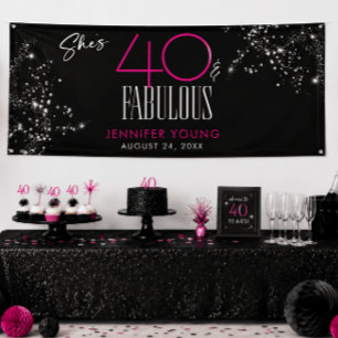 Lona 40 y fabuloso Cumpleaños Negro Rosa Glam Brillante