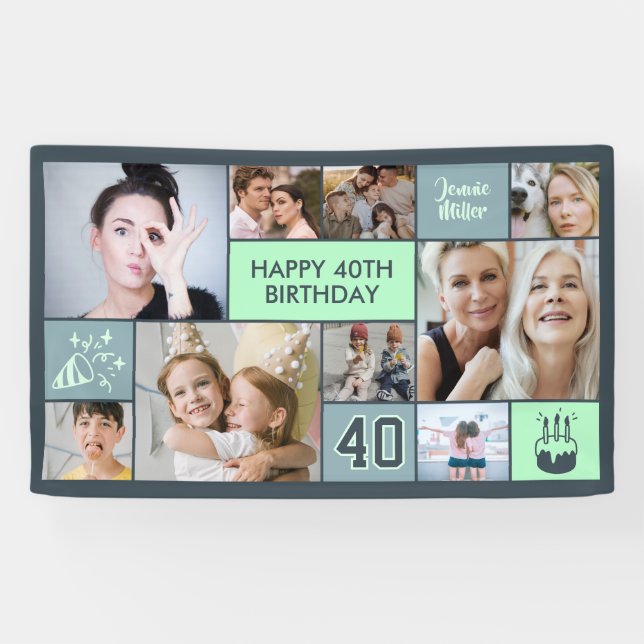 Lona 40th Birthday Custom Photo Collage Dusty Green (Horizontal)