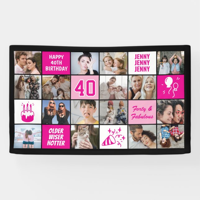 Lona 40th Birthday Photo Collage Custom Pink Black (Horizontal)