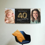 Lona 40th Happy Birthday Photo Banner<br><div class="desc">Milestone 40th birthday party banner featuring a trendy black background,  2 large photos,  gold glitter and confetti,  40 leopard print hellium balloons,  and a custom celebration template that is easy to personalize.</div>