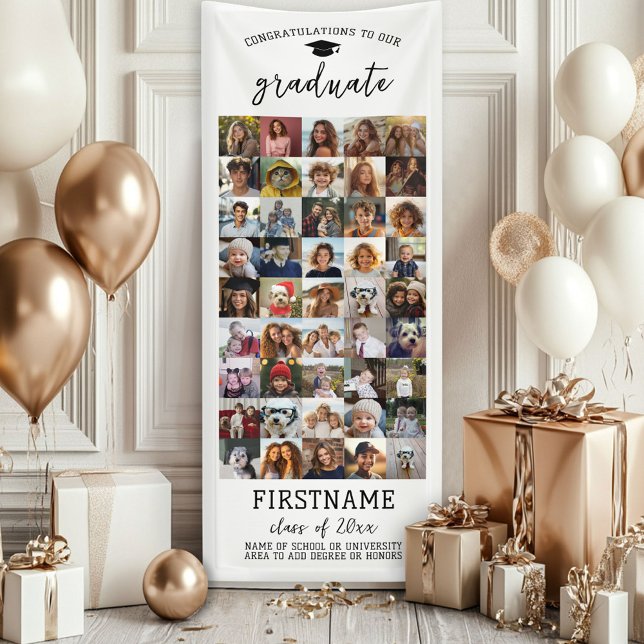 Lona 45 Graduación de Collage de fotos Blanco Mínimo Mo (Custom Graduation Banner - Great for a backdrop or Grad Party Decoration)