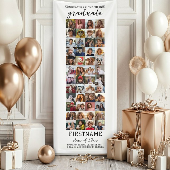Lona 48 Graduación de Collage de fotos Blanco Mínimo Mo (Custom Graduation Banner - Great for a backdrop or Grad Party Decoration)