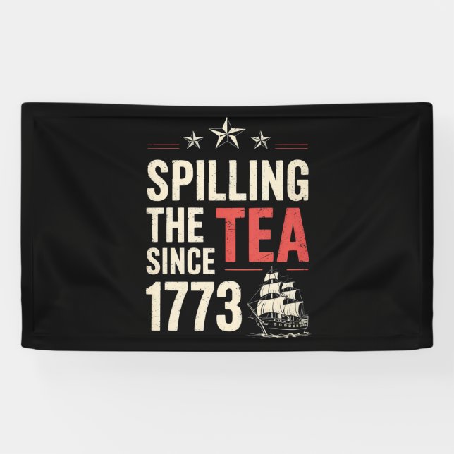 Lona 4 de julio derramando el té desde 1773 patriótico (Horizontal)