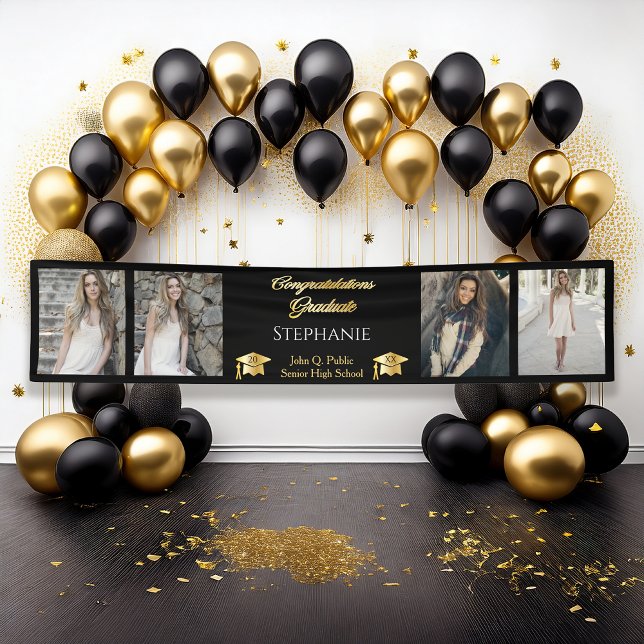 Lona 4 Foto Escuela de nombres de graduados de Black Go (Elegant Black and Gold Tone 4 Photo Congratulations Graduate Grad Cap Graduation Party Banner)