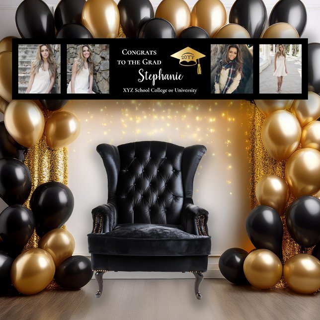 Lona 4 Foto Escuela de nombres de graduados de Black Go (Elegant Black and Gold Tone 4 Photo "Congrats to the Grad" Graduation Party Banner)