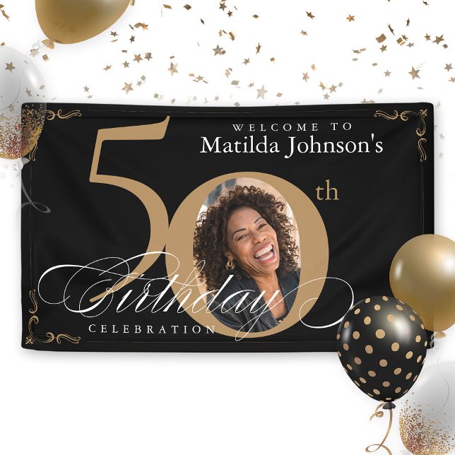 Lona 50.ª caligrafía elegante de oro negro cumpleaños (50th Black Gold Elegant Calligraphy Photo Birthday Banner)