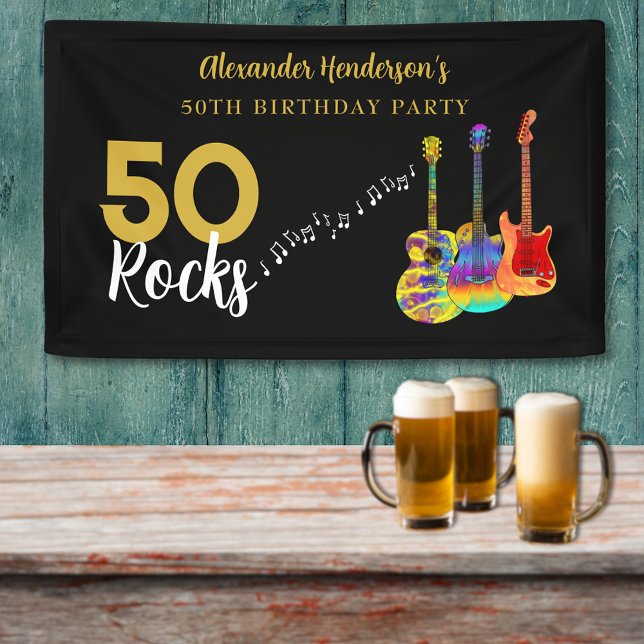 Lona 50.ª fiesta de cumpleaños 50 rocas personalizadas (Rock and roll 50 rocks birthday party banner black and gold and colorful guitar music theme)