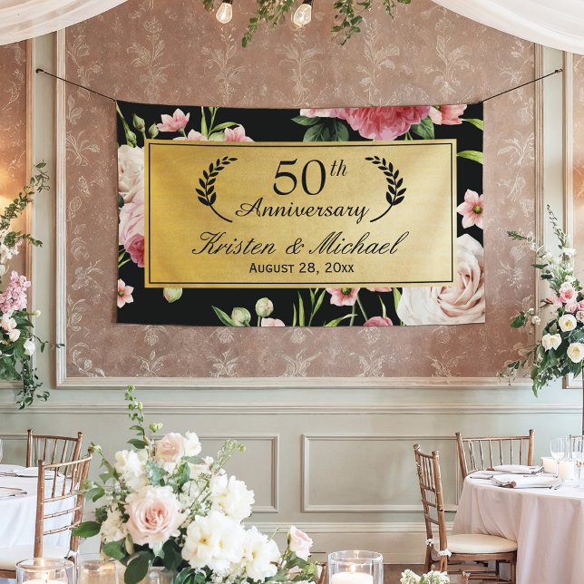 Lona 50.º Aniversario Boda Floral de oro negro (Subido por el creador)