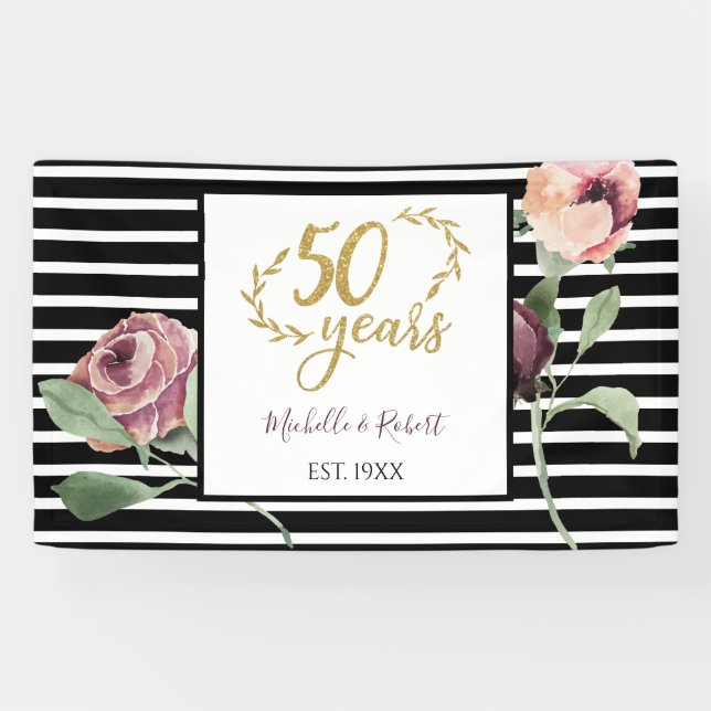 Lona 50.º aniversario Boda Purpurina Red Rose Gold 50 (Horizontal)