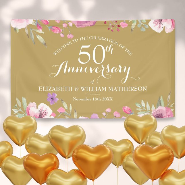 Lona 50° aniversario Boda Rosas acuáticos bienvenidos (50th Wedding Anniversary Watercolor Roses Welcome Banner)