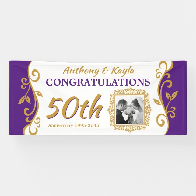 Lona 50° aniversario Boda tu foto oro morado (Horizontal)
