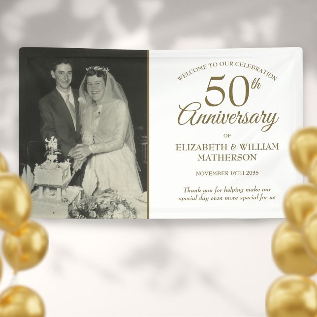 Lona 50° Aniversario de Oro Bienvenida de la foto de su (50th Golden Anniversary Your Wedding Photo Welcome Banner)