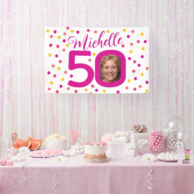 Lona 50 años foto de puntos de confeti amarillo rosado (Fiesta)
