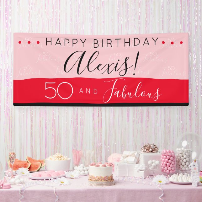 Lona 50 Fabulosas franjas modernas rosadas de cumpleaño (Fiesta)