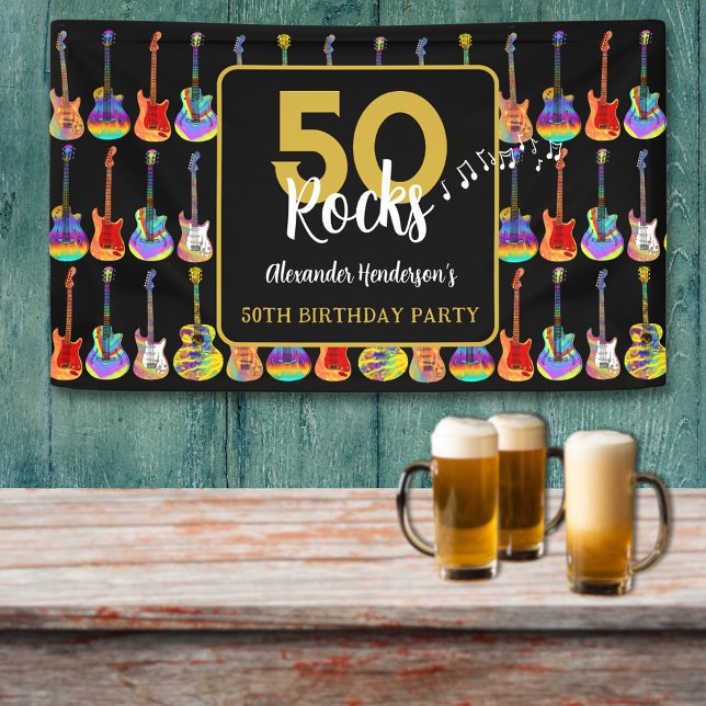 Lona 50 Rocks 50th Birthday Party Añadir nombre (Rock and roll 50th birthday party banner for him funky psychedelic electric guitars gold typography )