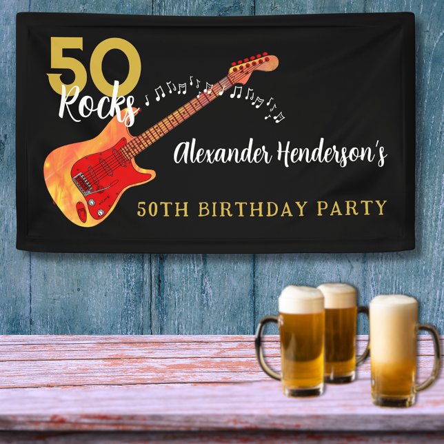 Lona 50 Rocks Guay Guitar 50 cumpleaños (50 Rocks cool guitar 50th birthday party banner for him gold and black)