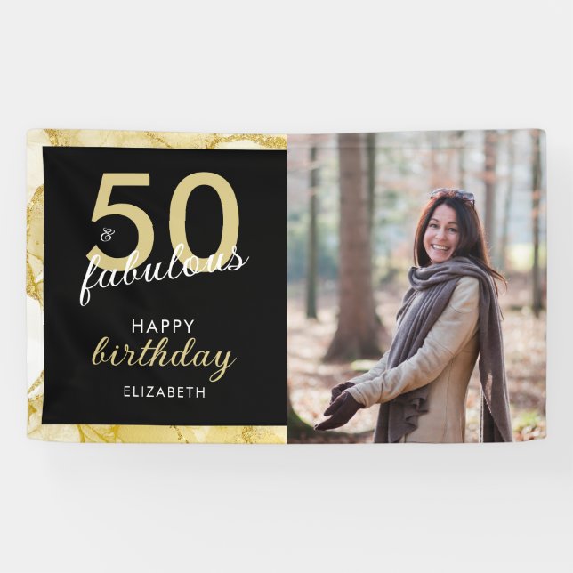 Lona 50 Y Fabuloso Cumpleaños De La Foto Negra De Oro (Horizontal)