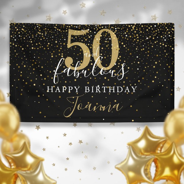 Lona 50 y fabuloso cumpleaños elegantes estrellas de or (50 and Fabulous Birthday Elegant Gold Stars Black Banner)