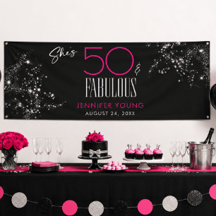 Lona 50 y fabuloso Cumpleaños Negro Rosa Glam Brillante