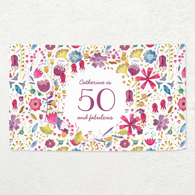 Lona 50 y fabuloso nombre floral acuarela cumpleaños (Personalized floral fifty and fabulous party banner)