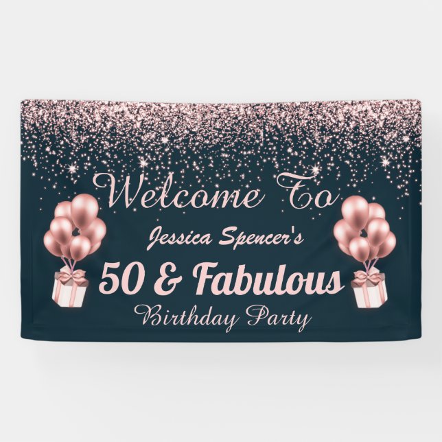 Lona 50 y Fabuloso Rosa Oro 50 cumpleaños Bienvenidos (Horizontal)