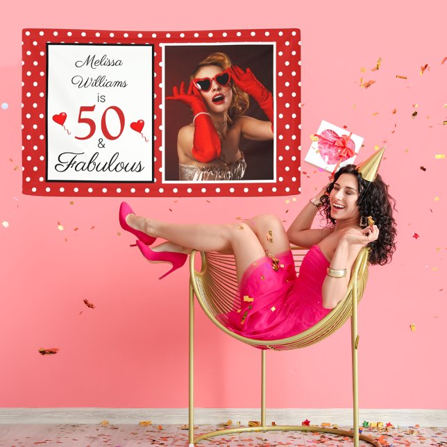 Lona 50 y nombre fabuloso foto rojo 50 cumpleaños WH ro (50 & Fabulous Name Photo Red 50th Birthday WH Red Banner)