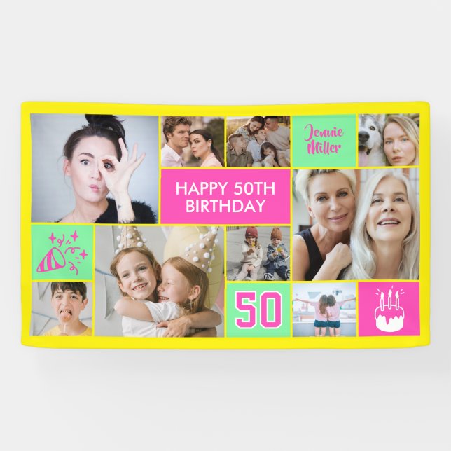 Lona 50th Birthday Custom Photo Collage Neon Yellow (Horizontal)