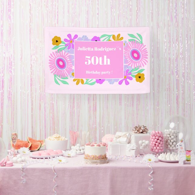 Lona 50th birthday pink modern cute floral chic Banner (Fiesta)