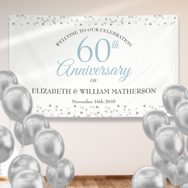 Lona 60° Aniversario Amor Corazones Confetti Bienvenida (60th Anniversary Love Hearts Confetti Welcome Banner)