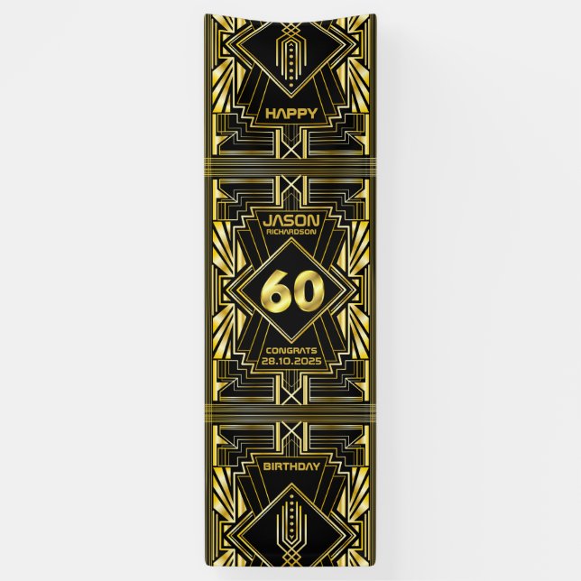 Lona 60 cumpleaños Art Deco Oro Gran Gatsby Negro (Vertical)