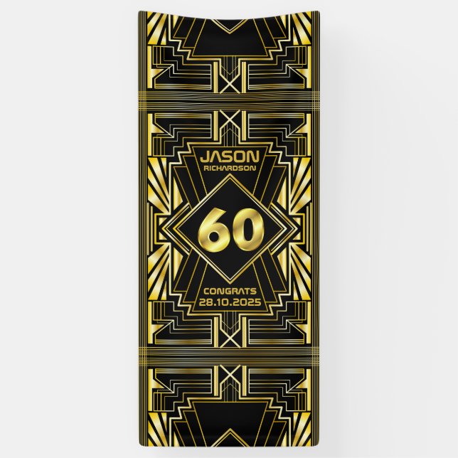 Lona 60 cumpleaños Art Deco Oro Gran Gatsby Negro (Vertical)