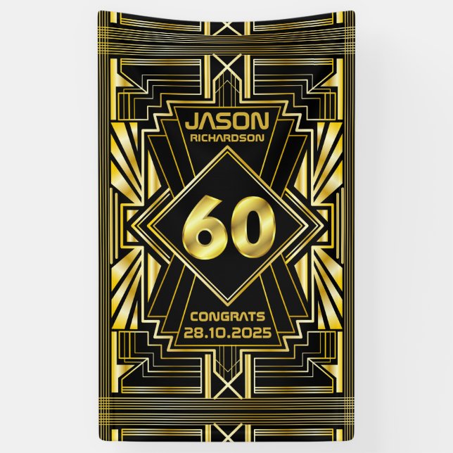 Lona 60 cumpleaños Art Deco Oro Gran Gatsby Negro (Vertical)