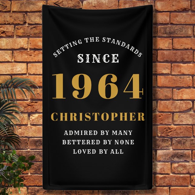 Lona 60 Cumpleaños Nacido en 1964 Agregar Nombre Negro  (60th Birthday Party Wall Banner - Customizable Black and Gold Decorative Piece)