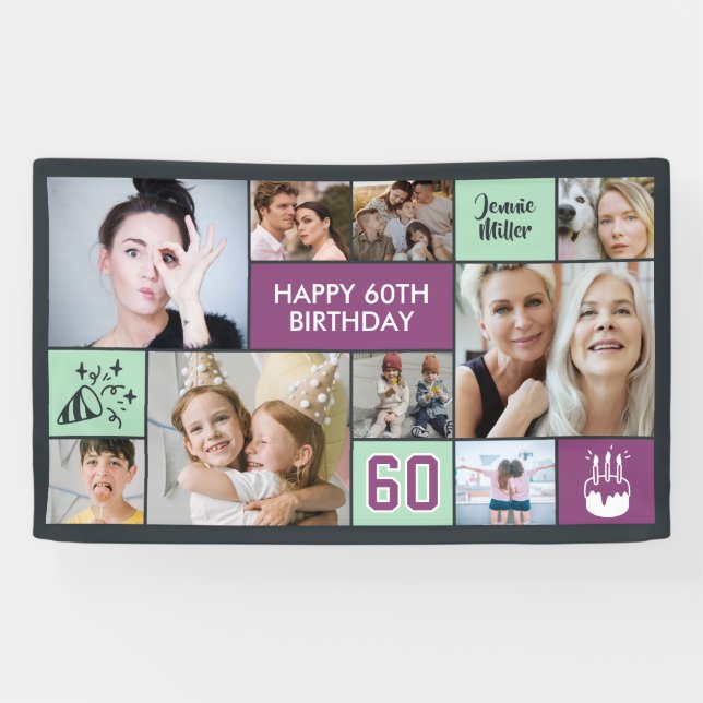Lona 60th Birthday Custom Photo Collage Purple Green (Horizontal)
