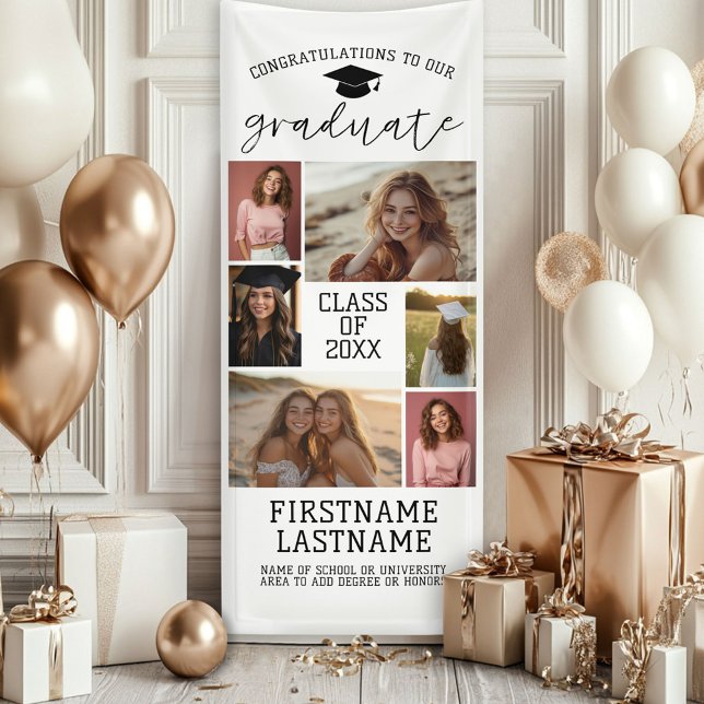 Lona 6 Graduación de Collage de fotos Blanco Mínimo mod (Custom Graduation Photo Banner - Great backdrop and Graduation Party Decoration)