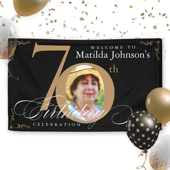 Lona 70.º cumpleaños Oro Personalizado de caligrafía ne (70th Birthday Gold Black Calligraphy Custom Photo Banner)
