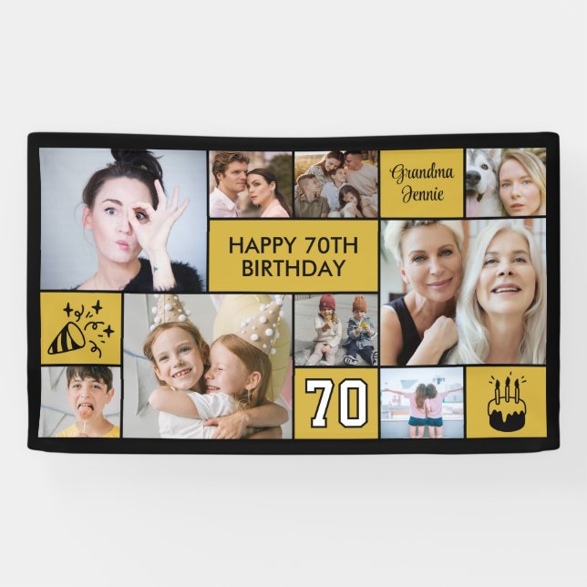 Lona 70th Birthday Custom Photo Collage Black Gold (Horizontal)