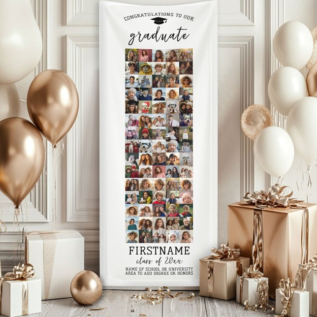 Lona 75 Graduación de Collage de fotos Blanco Mínimo Mo (Custom Graduation Banner - Great for a backdrop or Grad Party Decoration)