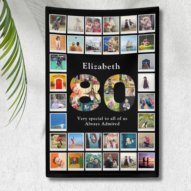 Lona 80.ª plantilla fotográfica de cumpleaños (Personalized 80th birthday wall banner with photo collage template.)