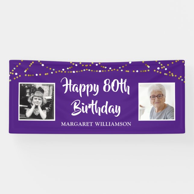 Lona 80.º Birthday String Lights Photo Name Purple (Horizontal)