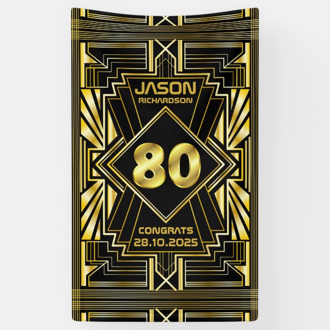 Lona 80 cumpleaños Art Deco Oro Gran Gatsby Negro (Vertical)