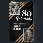 Lona 80 y Fabulous Gold Purpurina 2 Photo 80th Birthday<br><div class="desc">Elegante Black 80 y Fabulous Gold Purpurina 2 Photo 80th Birthday Party Backdrop Banner. Banner de cumpleaños de purpurina de oro moderno y elegante para ella. Añade tus fotos - puedes usar una foto antigua y una nueva. Puede cambiar todo el texto.</div>