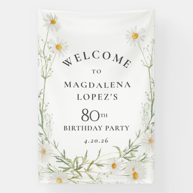 Lona 80th Birthday Banner April Birth Flower Daisy (Vertical)
