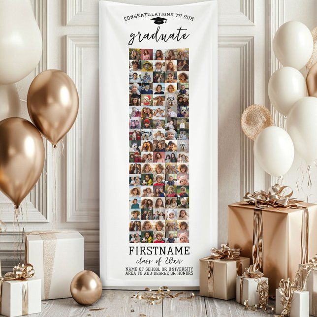 Lona 85 Graduación de Collage de fotos Blanco Mínimo Mo (Custom Graduation Banner - Great for a backdrop or Grad Party Decoration)